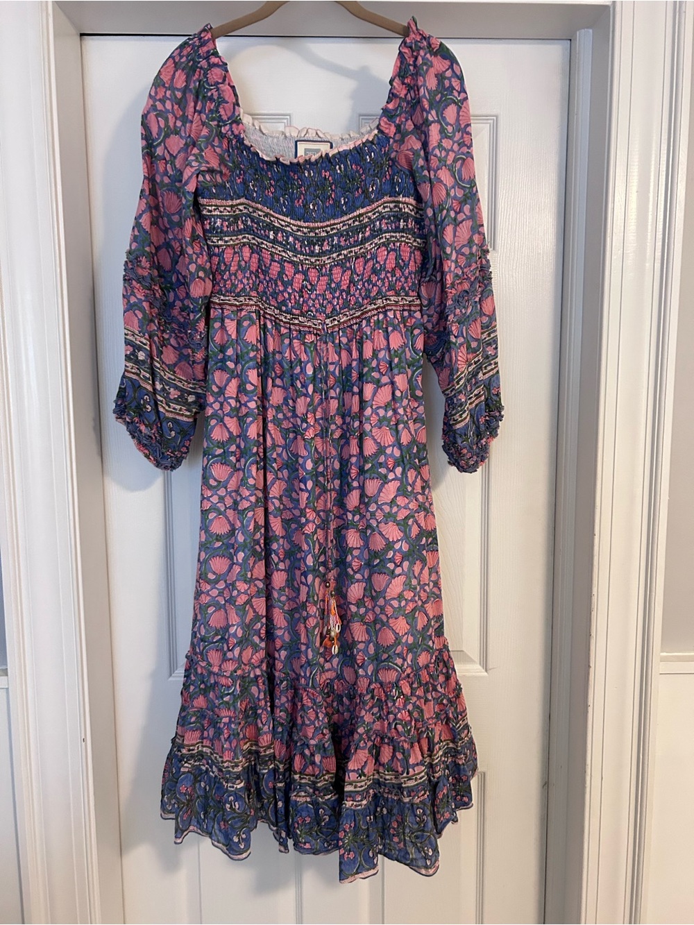 Bell Brand Pink & Navy Floral Boho Smocked Midi Dress